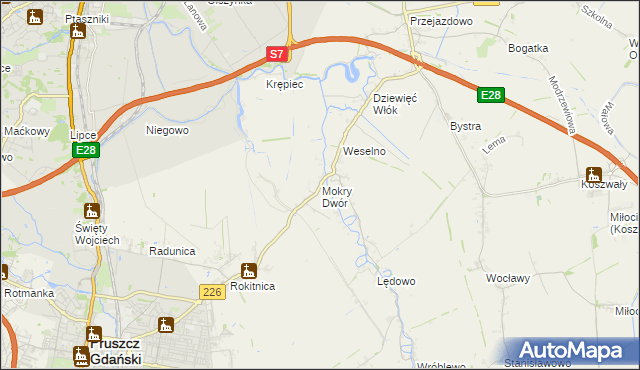 mapa Mokry Dwór gmina Pruszcz Gdański, Mokry Dwór gmina Pruszcz Gdański na mapie Targeo