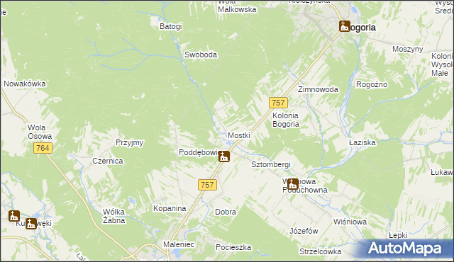 mapa Mostki gmina Staszów, Mostki gmina Staszów na mapie Targeo