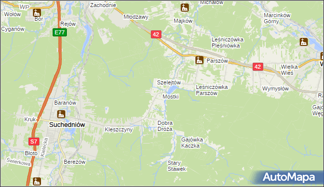 mapa Mostki gmina Suchedniów, Mostki gmina Suchedniów na mapie Targeo