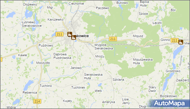 mapa Mrozy gmina Sierakowice, Mrozy gmina Sierakowice na mapie Targeo