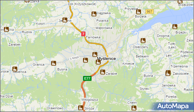 mapa Myślenice, Myślenice na mapie Targeo