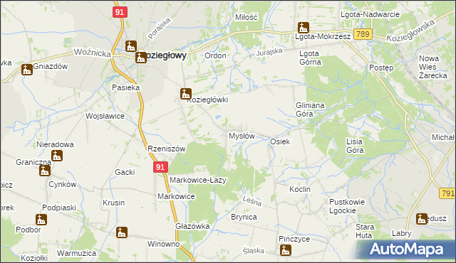 mapa Mysłów gmina Koziegłowy, Mysłów gmina Koziegłowy na mapie Targeo