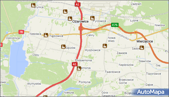 mapa Myszkowice gmina Bobrowniki, Myszkowice gmina Bobrowniki na mapie Targeo