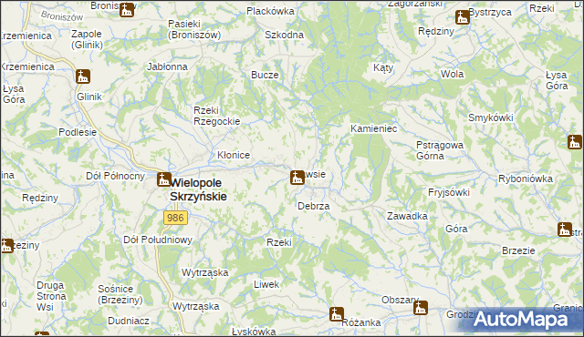 mapa Nawsie gmina Wielopole Skrzyńskie, Nawsie gmina Wielopole Skrzyńskie na mapie Targeo