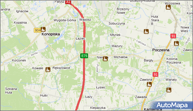 mapa Nierada gmina Poczesna, Nierada gmina Poczesna na mapie Targeo