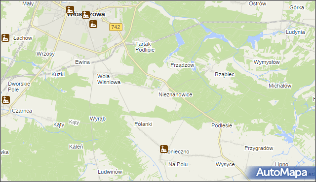 mapa Nieznanowice gmina Włoszczowa, Nieznanowice gmina Włoszczowa na mapie Targeo