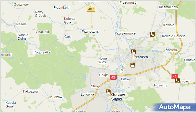 mapa Nowa Wieś gmina Gorzów Śląski, Nowa Wieś gmina Gorzów Śląski na mapie Targeo