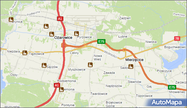 mapa Nowa Wieś gmina Mierzęcice, Nowa Wieś gmina Mierzęcice na mapie Targeo