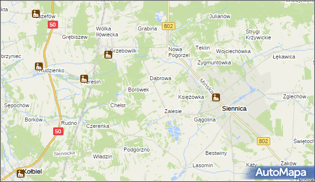 mapa Nowe Zalesie gmina Siennica, Nowe Zalesie gmina Siennica na mapie Targeo