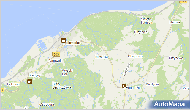 mapa Nowinka gmina Tolkmicko, Nowinka gmina Tolkmicko na mapie Targeo