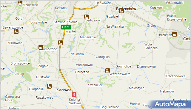 mapa Okręglica gmina Sadowie, Okręglica gmina Sadowie na mapie Targeo