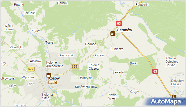 mapa Olszew gmina Ceranów, Olszew gmina Ceranów na mapie Targeo