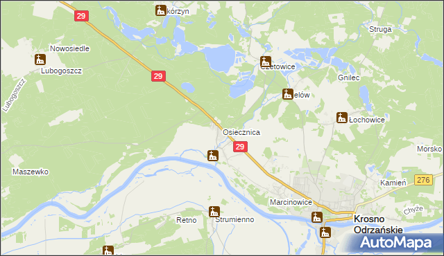 mapa Osiecznica gmina Krosno Odrzańskie, Osiecznica gmina Krosno Odrzańskie na mapie Targeo