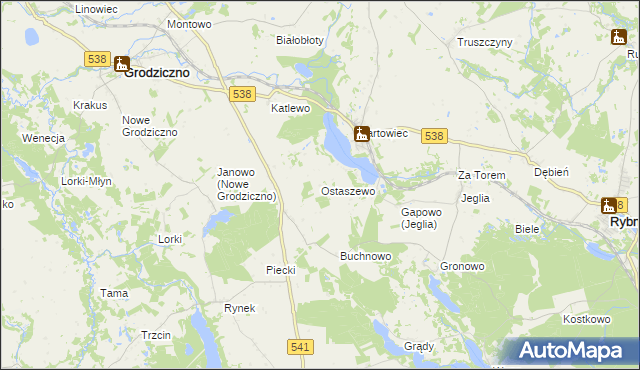 mapa Ostaszewo gmina Grodziczno, Ostaszewo gmina Grodziczno na mapie Targeo