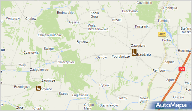 mapa Ostrów gmina Brzeźnio, Ostrów gmina Brzeźnio na mapie Targeo