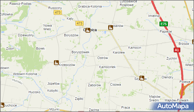 mapa Ostrów gmina Grabica, Ostrów gmina Grabica na mapie Targeo