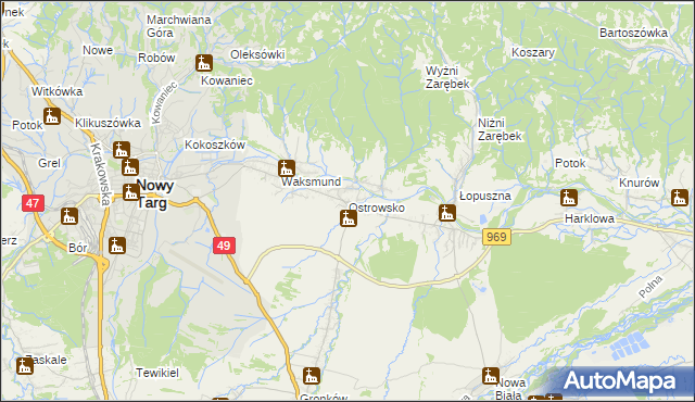 mapa Ostrowsko gmina Nowy Targ, Ostrowsko gmina Nowy Targ na mapie Targeo