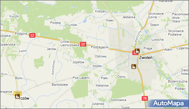 mapa Ostrowy gmina Zwoleń, Ostrowy gmina Zwoleń na mapie Targeo