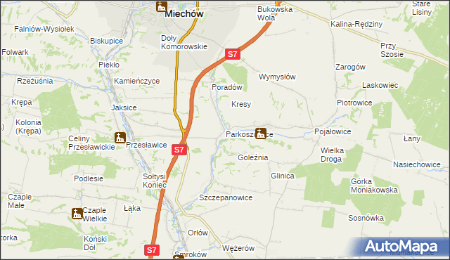 mapa Parkoszowice gmina Miechów, Parkoszowice gmina Miechów na mapie Targeo