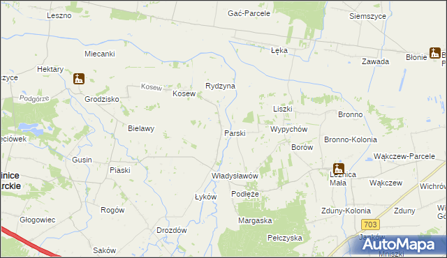 mapa Parski gmina Świnice Warckie, Parski gmina Świnice Warckie na mapie Targeo