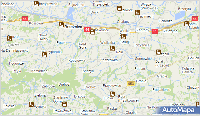 mapa Paszkówka gmina Brzeźnica, Paszkówka gmina Brzeźnica na mapie Targeo