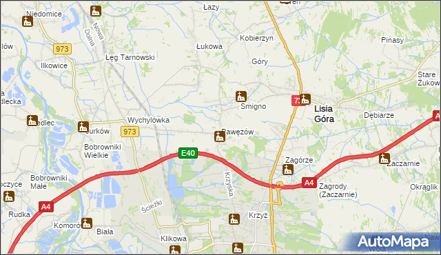 mapa Pawęzów gmina Lisia Góra, Pawęzów gmina Lisia Góra na mapie Targeo