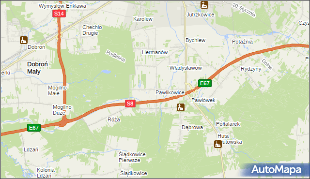 mapa Pawlikowice gmina Pabianice, Pawlikowice gmina Pabianice na mapie Targeo