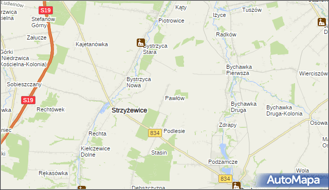 mapa Pawłów gmina Strzyżewice, Pawłów gmina Strzyżewice na mapie Targeo