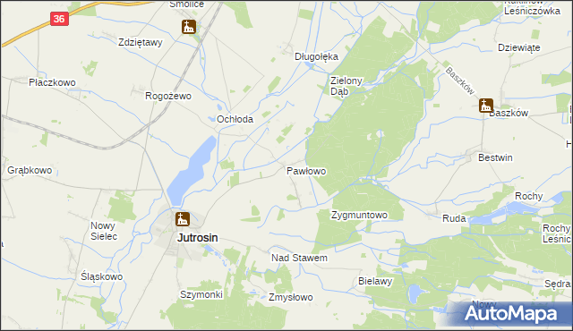 mapa Pawłowo gmina Jutrosin, Pawłowo gmina Jutrosin na mapie Targeo