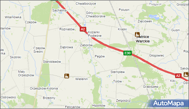 mapa Pęgów gmina Uniejów, Pęgów gmina Uniejów na mapie Targeo