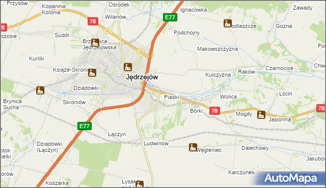 mapa Piaski gmina Jędrzejów, Piaski gmina Jędrzejów na mapie Targeo