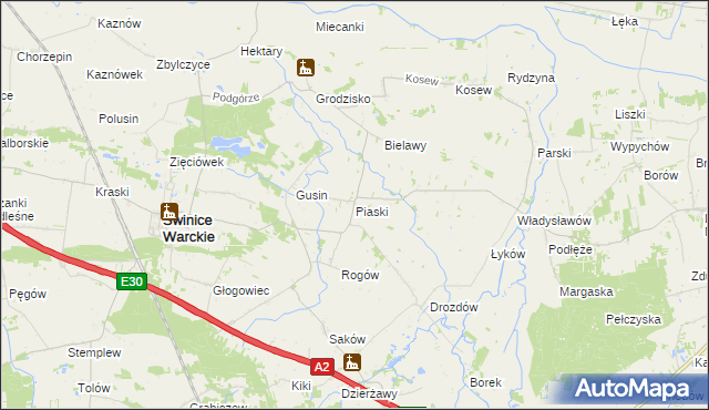 mapa Piaski gmina Świnice Warckie, Piaski gmina Świnice Warckie na mapie Targeo