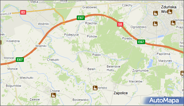mapa Piaski gmina Zduńska Wola, Piaski gmina Zduńska Wola na mapie Targeo