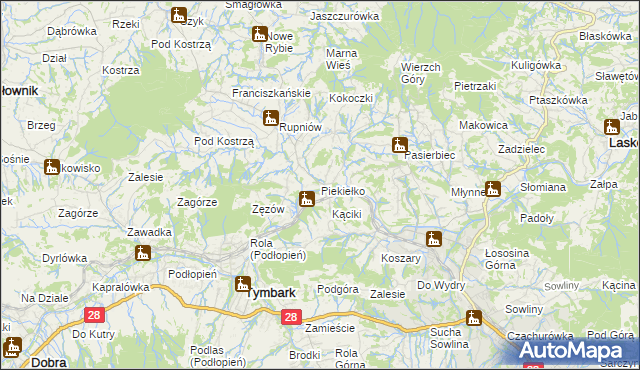 mapa Piekiełko gmina Tymbark, Piekiełko gmina Tymbark na mapie Targeo