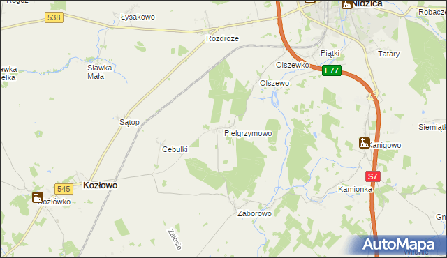 mapa Pielgrzymowo gmina Kozłowo, Pielgrzymowo gmina Kozłowo na mapie Targeo