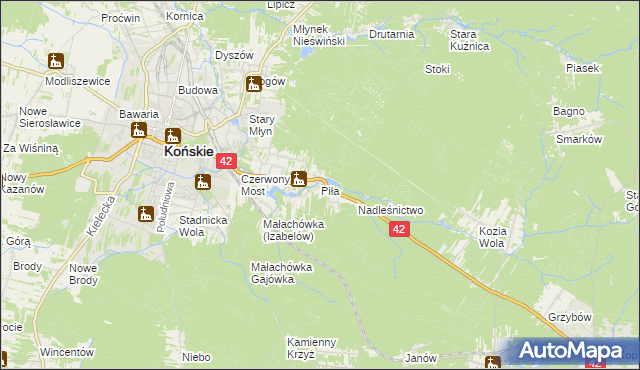 mapa Piła gmina Końskie, Piła gmina Końskie na mapie Targeo