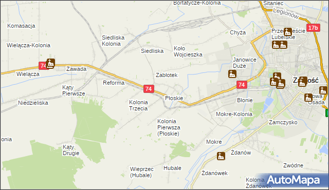 mapa Płoskie gmina Zamość, Płoskie gmina Zamość na mapie Targeo