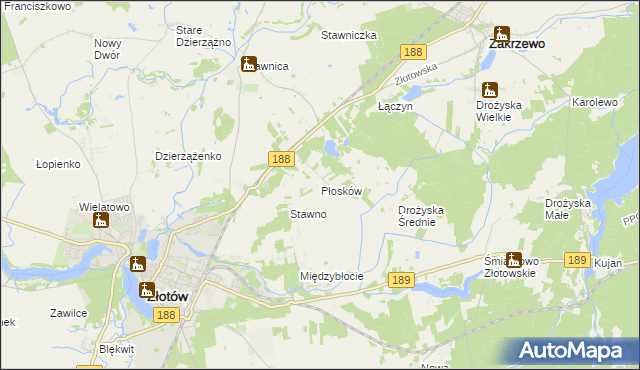 mapa Płosków gmina Złotów, Płosków gmina Złotów na mapie Targeo