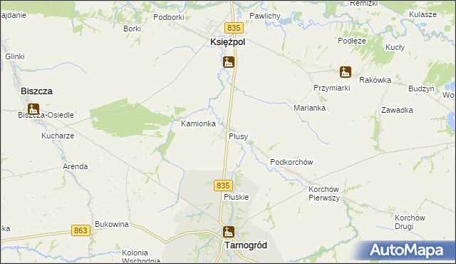 mapa Płusy gmina Księżpol, Płusy gmina Księżpol na mapie Targeo