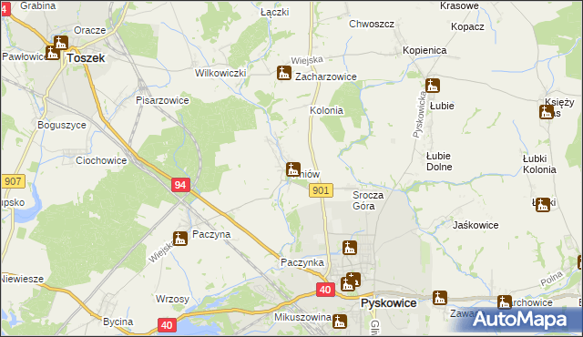 mapa Pniów gmina Toszek, Pniów gmina Toszek na mapie Targeo