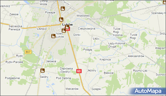 mapa Podgaj gmina Łuków, Podgaj gmina Łuków na mapie Targeo