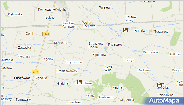 mapa Podgajew gmina Kłodawa, Podgajew gmina Kłodawa na mapie Targeo