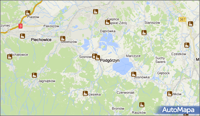 mapa Podgórzyn powiat jeleniogórski, Podgórzyn powiat jeleniogórski na mapie Targeo