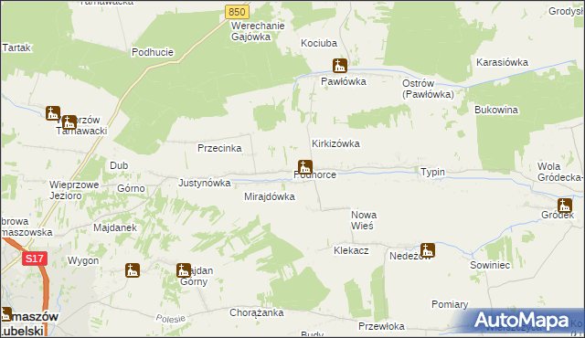 mapa Podhorce gmina Tomaszów Lubelski, Podhorce gmina Tomaszów Lubelski na mapie Targeo