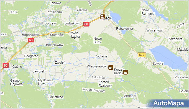 mapa Podlasie gmina Łąck, Podlasie gmina Łąck na mapie Targeo