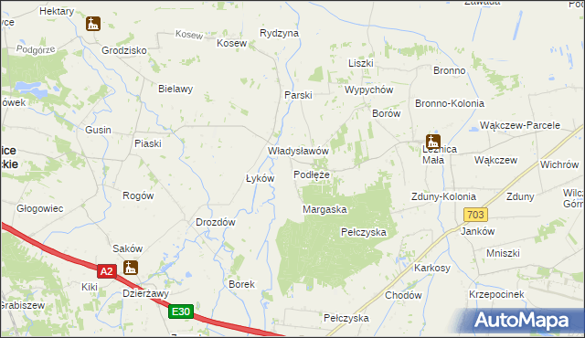 mapa Podłęże gmina Świnice Warckie, Podłęże gmina Świnice Warckie na mapie Targeo