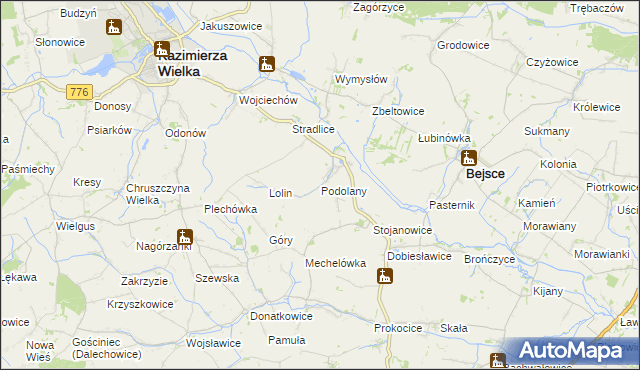 mapa Podolany gmina Kazimierza Wielka, Podolany gmina Kazimierza Wielka na mapie Targeo