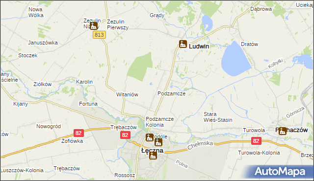 mapa Podzamcze gmina Łęczna, Podzamcze gmina Łęczna na mapie Targeo