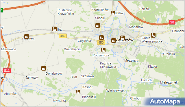 mapa Podzamcze gmina Wieruszów, Podzamcze gmina Wieruszów na mapie Targeo