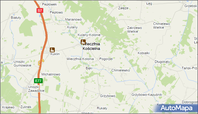 mapa Pogorzel gmina Wieczfnia Kościelna, Pogorzel gmina Wieczfnia Kościelna na mapie Targeo